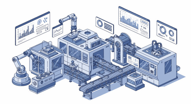 Isometric Smart Factory Automation with Robotic Arms and Machines.