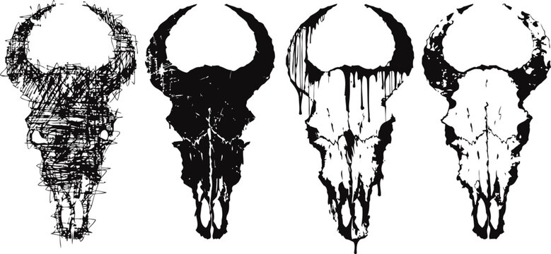 Grunge buffalo skull silhouettes set rough textured animal skulls black and white design elements