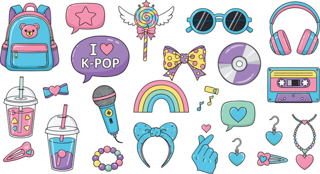 Cute Kawaii K Pop Icon Set Featuring Music Accessories Drinks Headphones and Trendy Elements for Fun Cartoon Design Collection