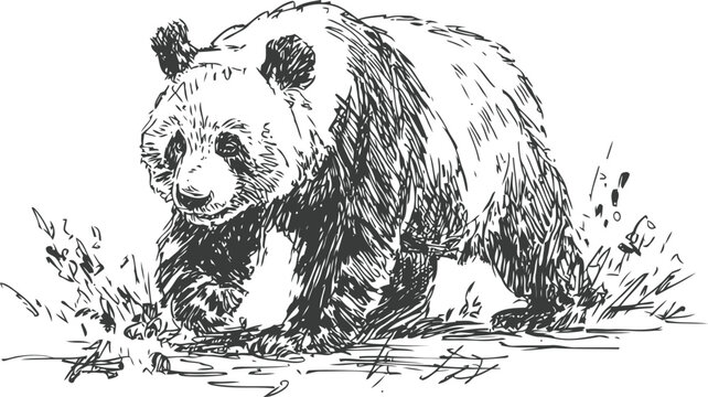 hand drawn giant panda walking through grass with detailed sketch lines and natural wildlife theme