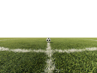 Soccer ball on the center mark of a green football pitch with white boundary lines. Conceptual background for kick-off, sports strategy, tournament start, and athletic goals.
