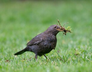 Obraz premium Female common blackbird collecting nest material