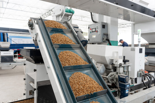 Factory conveyor belt transporting grains in an automated food processing facility
