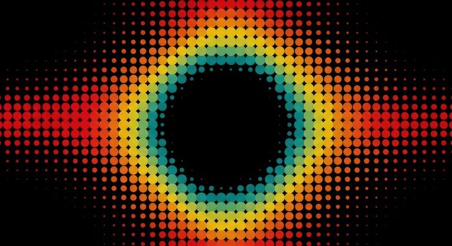 Abstract circular pattern made of colorful halftone dots arranged in a radial gradient on a black background