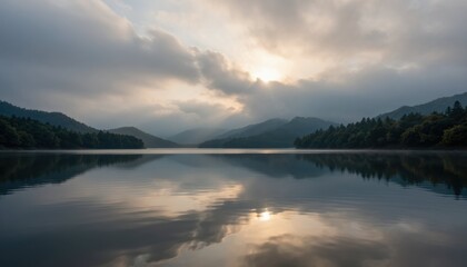 Fototapeta premium Calm reflection at dawn serene lake nature photography mountain landscape tranquil environment peaceful view