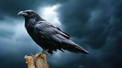 Obraz premium Majestic Raven Perched on a Tree Stump Against a Dramatic Stormy Sky