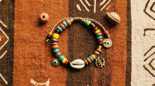 Colorful beaded bracelet with cowrie shell evil eye and Adinkra symbol resting on a brown ethnic patterned textile