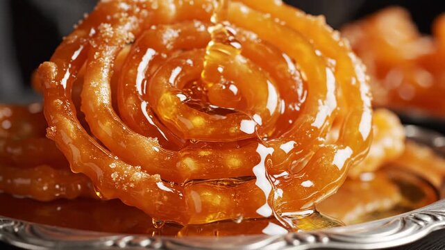 Golden jalebi dessert being drizzled with sweet syrup in a close up shot, traditional Indian cuisine, delicious sweet treat