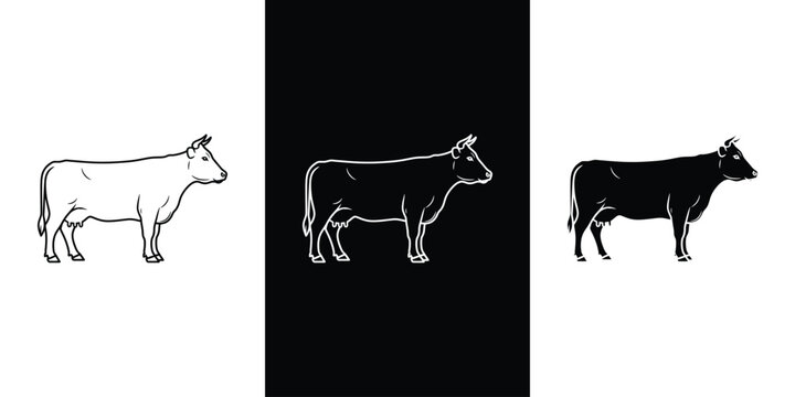 A set of cow illustrations in different shades and styles on a white background