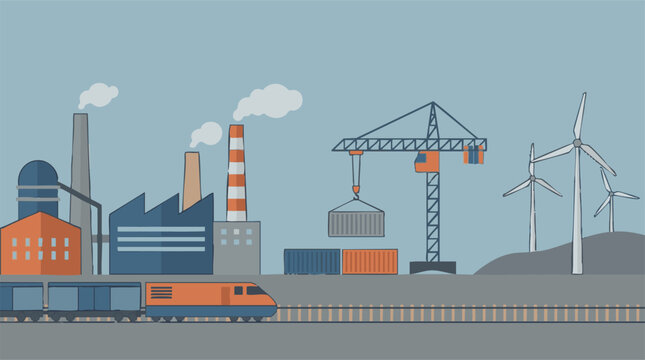 Industrial infrastructure: factories, cargo logistics, railway, and wind energy