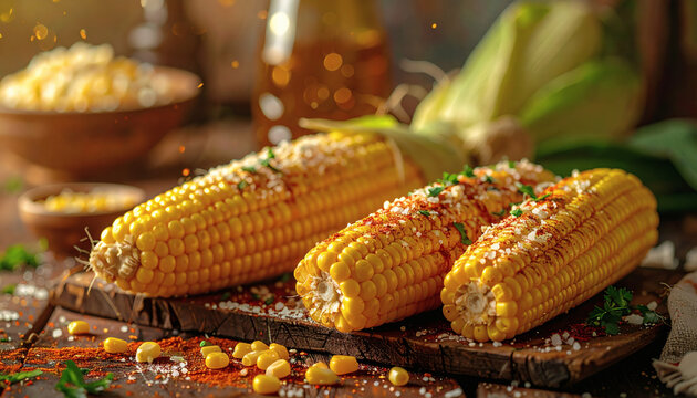 Golden corn on the cob, beautifully seasoned and ready to eat, served on a wooden board. A delightful culinary image.