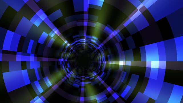 Abstract background with a blue and black geometric pattern featuring concentric circles and rays with a futuristic and technological mood.