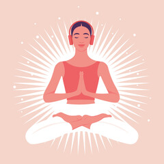 Modern flat vector illustration of a peaceful young woman meditating in lotus pose while wearing headphones. Mindfulness, mental health, neurodiversity, ADHD focus, autism sensory regulation
