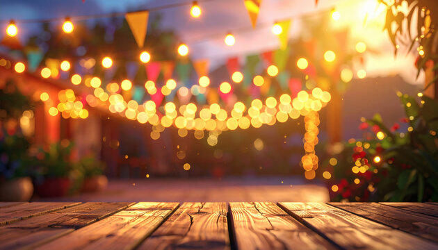 A festive scene with blurred lights in a outdoor party background, with a wooden table in front