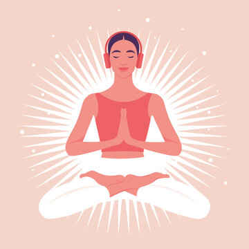 Modern flat vector illustration of a peaceful young woman meditating in lotus pose while wearing headphones. Mindfulness, mental health, neurodiversity, ADHD focus, autism sensory regulation