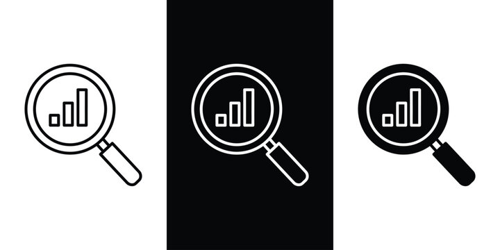 A set of magnifying glass icons with bar graphs on white and black backgrounds