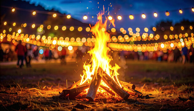 A mesmerizing bonfire burning brightly against a backdrop of twinkling lights, creating a warm and inviting atmosphere. The fire crackles and dances.