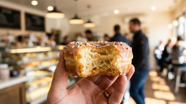Close up of a hand holding a bitten glazed doughnut topped with colorful sprinkles inside a blurred bakery setting