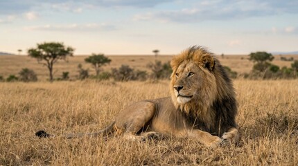 Fototapeta premium Majestic Male Lion Resting in the African Savanna
