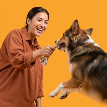 Young woman playing tug of war with her energetic dog. Happy pet owner laughing and holding a rope toy on orange background. National Rescue Dog Day and active lifestyle concept