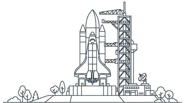 Space shuttle launchpad with rocket and control tower outline.