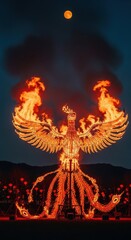 Fototapeta premium Enormous luminous effigy depicting a mythological bird burns spectacularly against the night sky beneath a full moon