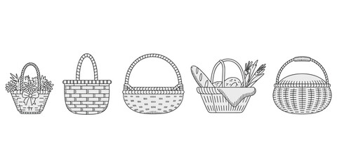 Obraz premium Assortment of Wicker Baskets for Picnics and Storage Keywords: basket, wicker, woven, picnic, storage, container, handle, rustic