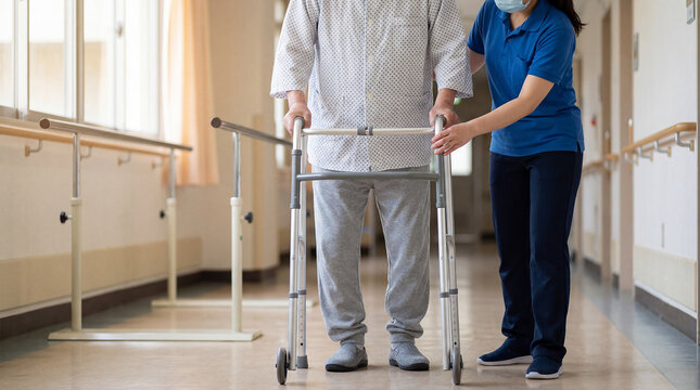 Nurse assisting an elderly patient during rehabilitation exercise with a walker in a hospital corridor