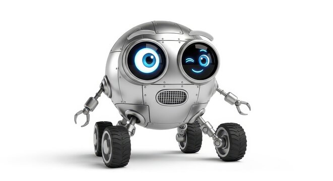 Spherical metallic automaton exhibits a friendly expression with one eye winking against a stark white background.
