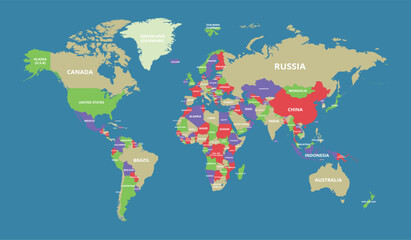 Colorful world map with state and  border names on blue background  © vector designer