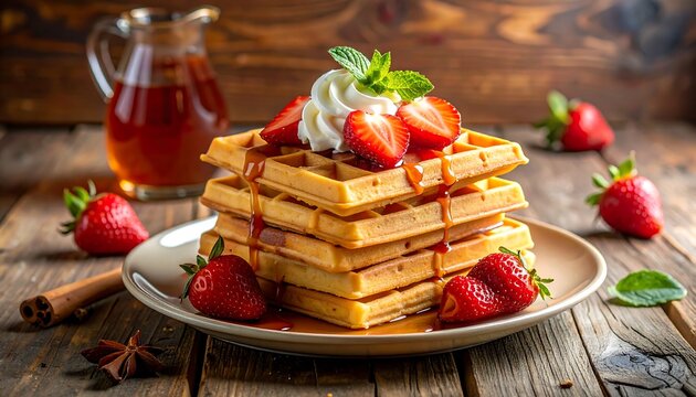 A stack of golden waffles drizzled with syrup, topped with whipped cream, strawberries, and mint. A jar of syrup is visible