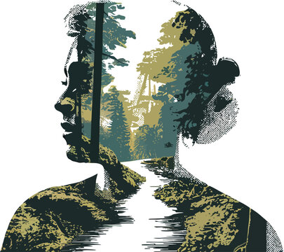 Creative illustration of two faces with forest landscape inside them isolated on transparent background