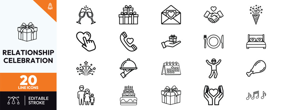 Relationship Celebration Line Icons Set Featuring Champagne Toast Gift Boxes Love Letter Handshake Party Popper Romantic Dinner Family Birthday Cake and Music Notes for App and Web Design
