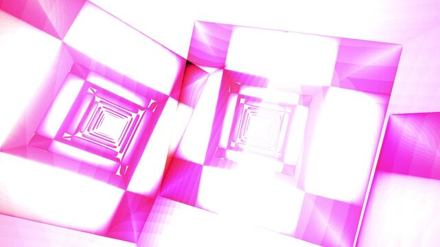 Abstract geometric pattern of pink and white squares in a futuristic design with a soft focus and pastel color palette.