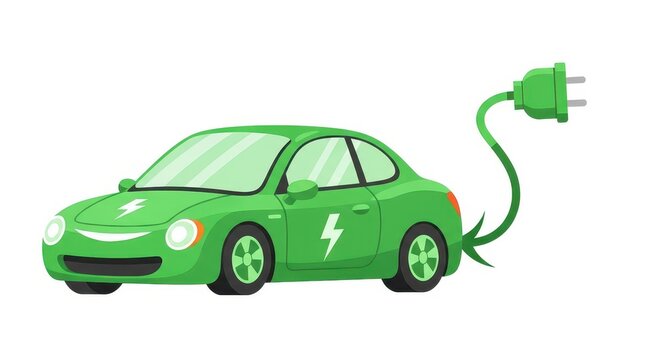 Small green electric automobile is depicted connecting to a charging plug with a curved cord