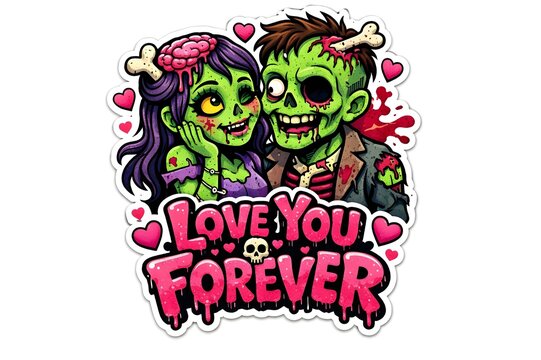 Zombie Love Sticker Style Illustration with Pink Love You Forever Text