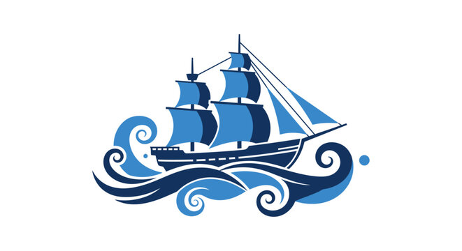 Vintage Sailing Ship on Waves Ocean.