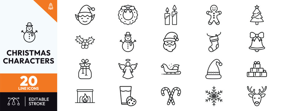Christmas icons set featuring Santa Claus reindeer elf snowman gingerbread man Christmas tree and holiday symbols in minimal line art style for winter festive seasonal design and projects.