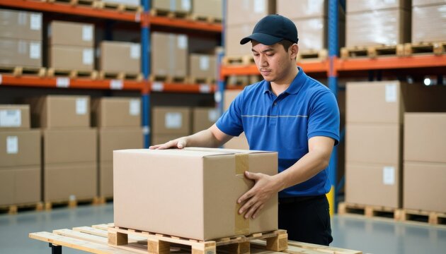 Warehouse worker packaging goods distribution center action scene industrial environment side view logistics efficiency