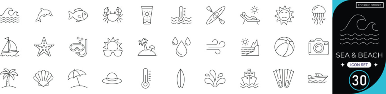 Sea and beach line icon set featuring palm tree, sun, wave, umbrella, beach chair, starfish, seashell, sunglasses, surfboard, sandcastle and boat. editable stroke vector set.