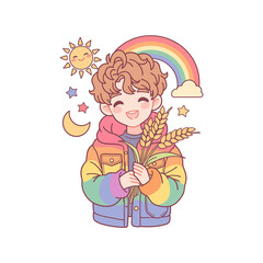 Naklejka premium Cute Chibi Vector Illustration of the Biblical Joseph in a Rainbow Puffy Jacket Holding Wheat Stalks, with Sun, Moon, Stars, and a Rainbow in the Background