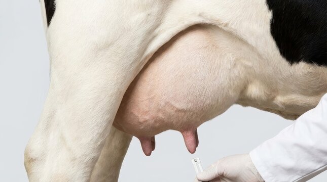 Close up of a dairy cow's udder with a gloved hand performing a diagnostic test Milk drips from a teat