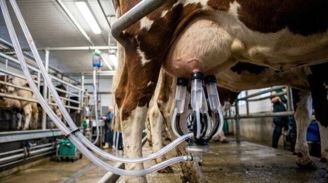 Brown and white dairy cow being machine milked clear tubes show milk flow in a modern farm environment