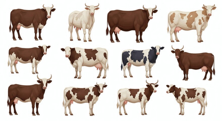 Fototapeta premium A comprehensive collection of various farm cow breeds and cattle illustrations, showcasing diverse colors, patterns, and unique characteristics of livestock for agricultural and dairy-themed designs