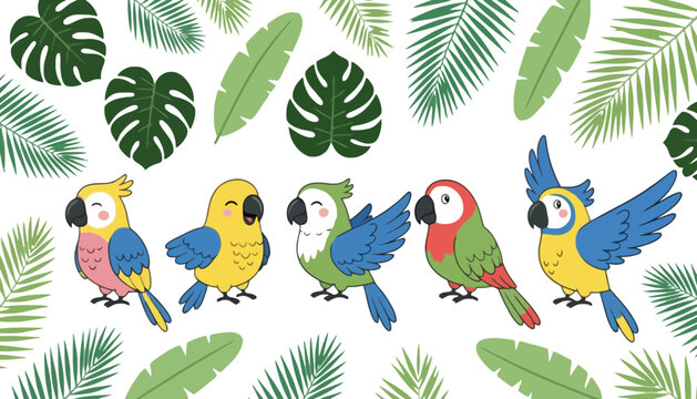 Parrot colorful illustration with tropical leaves on white background