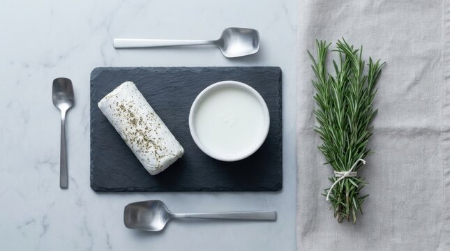 Artfully arranged goat cheese log with herbs a bowl of white cream fresh rosemary and silver spoons on marble and linen