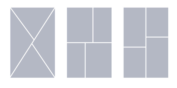 Image collage layout template. Grey mosaic mood board grid collection. Picture frame set. Photo album idea for banner, poster, comic page, flyer, brochure, booklet, memory wall design. Vector pack