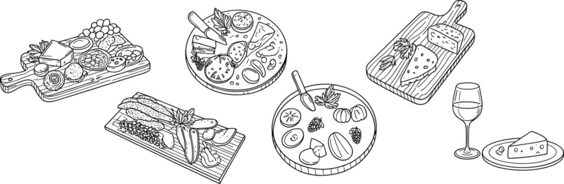 Hand Drawn Cheese and Charcuterie Boards with Wine Glass and Cheese Slice cheese board crackers