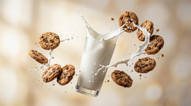 Delicious chocolate chip cookies floating dynamically around a tall glass of splashing fresh white milk