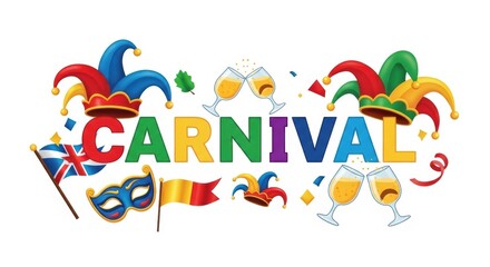 Fototapeta premium Carnival, colorful party elements, festive masks, jester hats, celebration icons